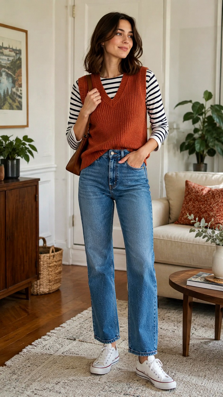 Striped Tee And Terracotta Vest - 21 Terracotta Vest Outfit Ideas