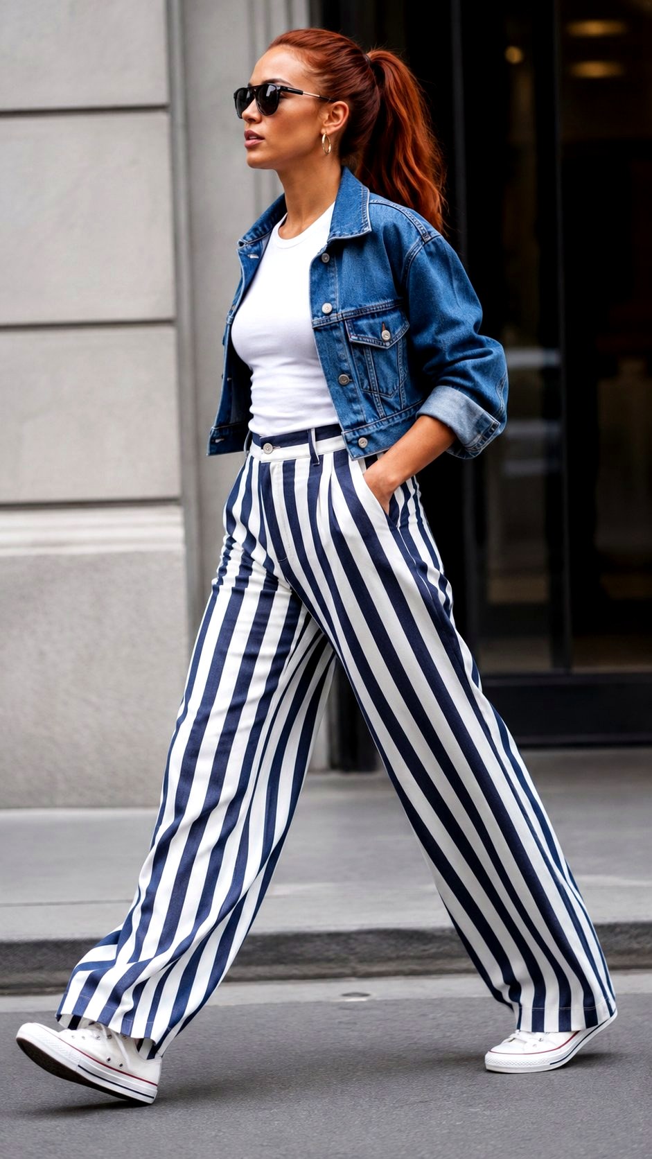 Striped Trousers With Cropped Denim Jacket - 23 printed trousers outfit ideas