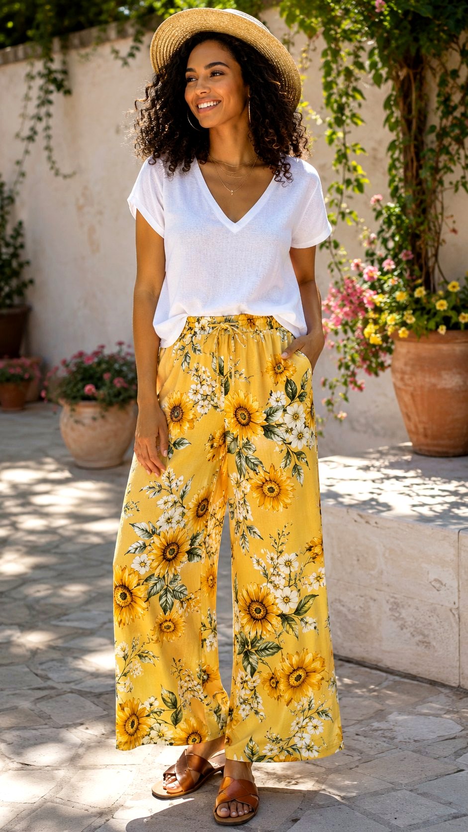 Sunflower Yellow Summer Floral Palazzo Pants - 20 floral palazzo ideas