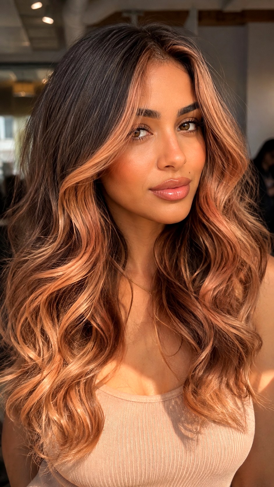 Sunlit Peachy Keen Highlights - 23 Hair Color Ideas for Olive Skin