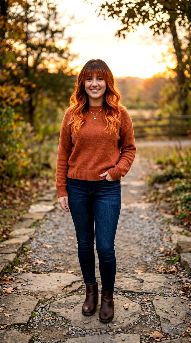Sunset Copper Balayage Bangs - 21 curtain bangs copper ideas
