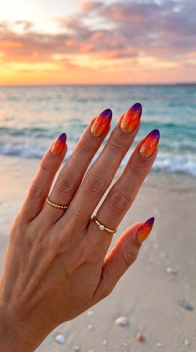 Sunset Gradient Medium Almond Summer Nails - 20 Medium Almond Summer Nails