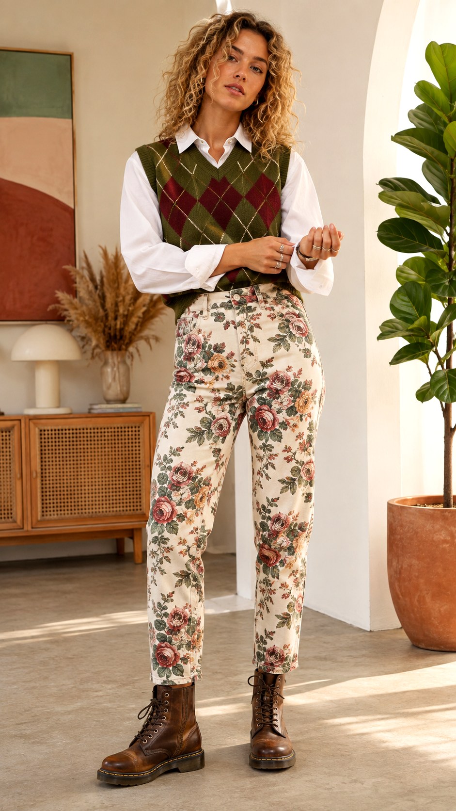 Sweater Vest and High Rise Flower Jeans - 21 flower jeans outifit ideas