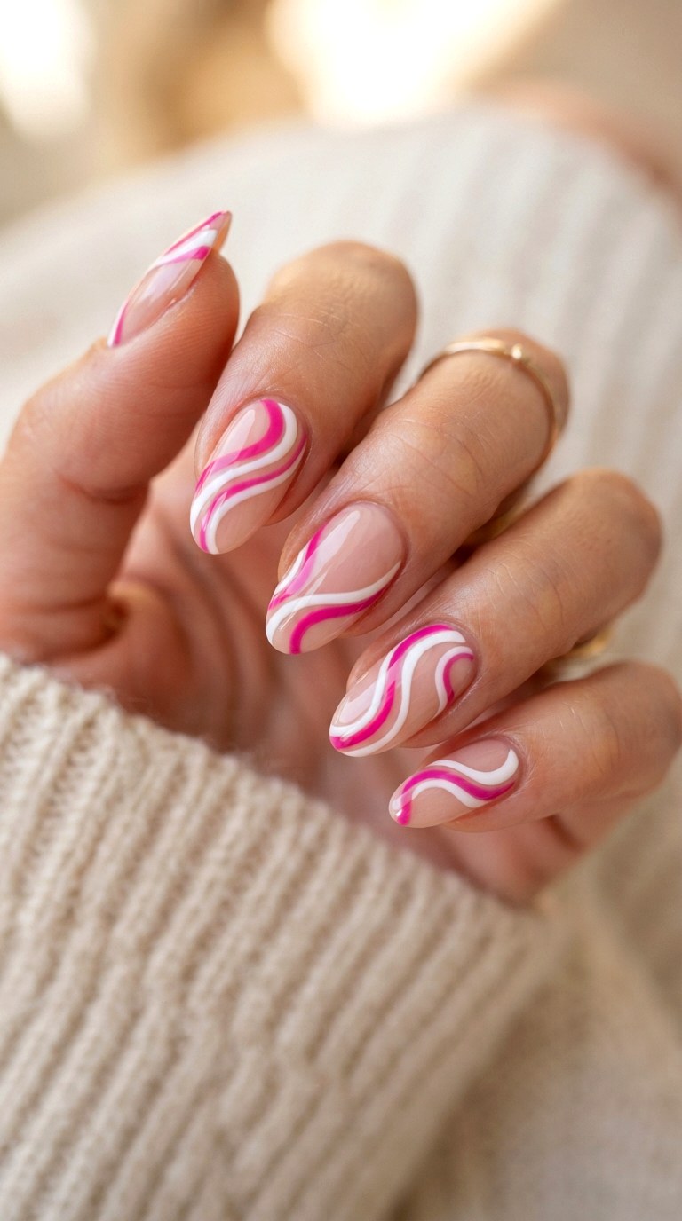 Swirl Bright Pink French Nails - 22 bright pink french nails