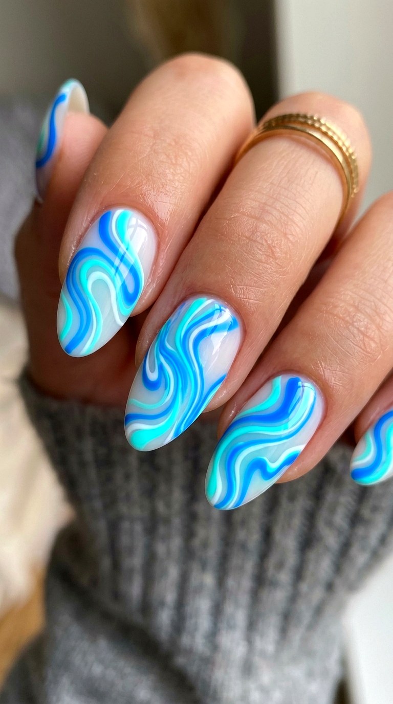 Swirled Neon Bright Blue Nails - 22 bright blue nails