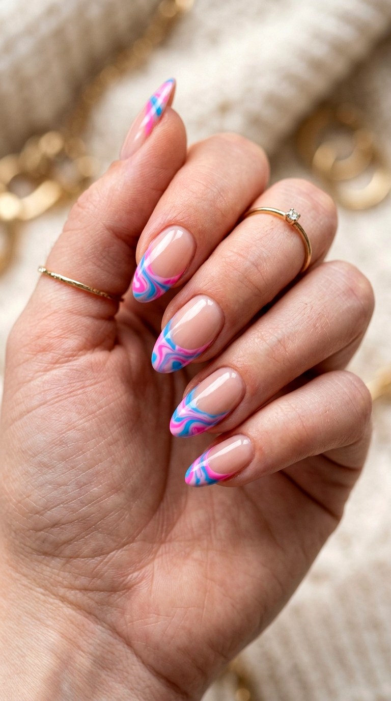 Swirled Pink and Blue French Nails - 23 pink and blue french tip nails