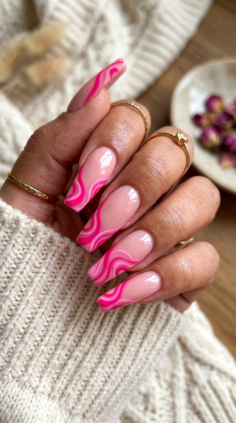Swirling Bright Pink French Tip Nails - 21 bright pink french tip nails