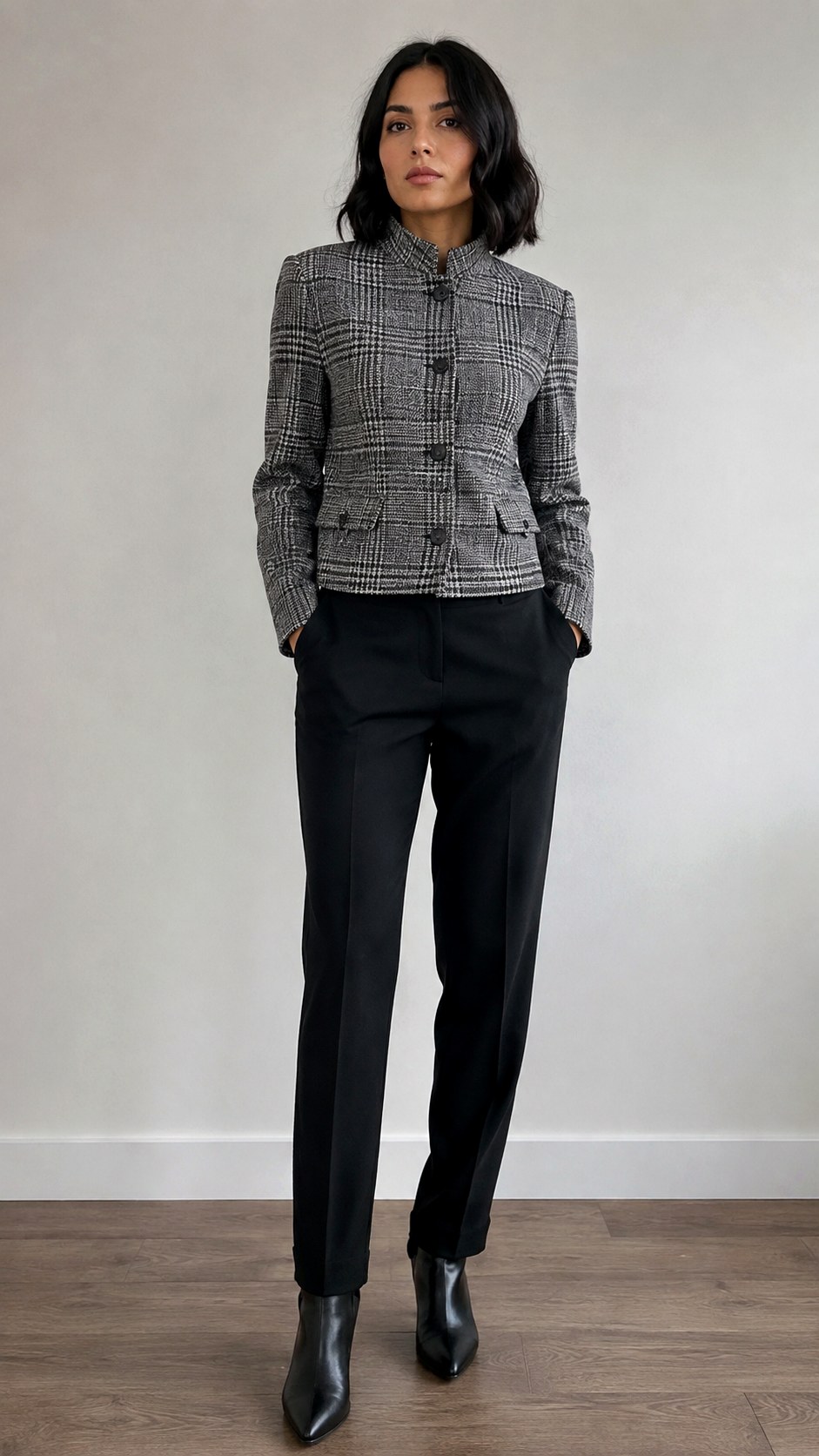 Tailored Plaid High Collar Jacket Outfit - 21 high collar jacket outfit ideas