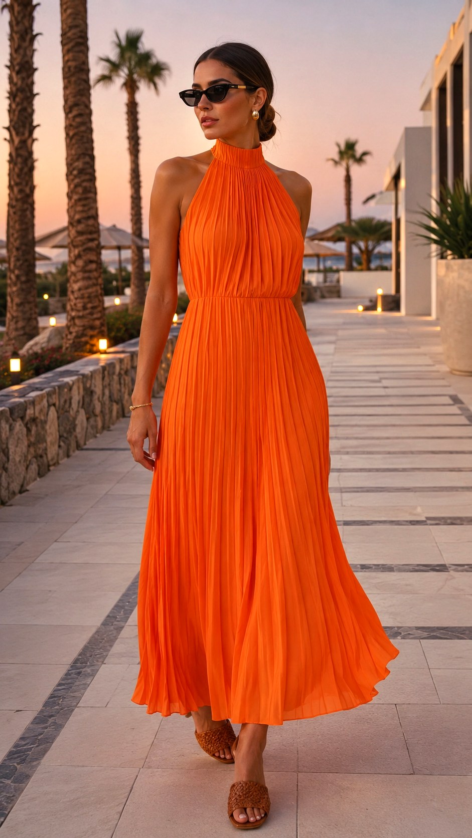 Tangerine Pleated Maxi With Woven Mules - 25 Summer Maxi Outfit Ideas