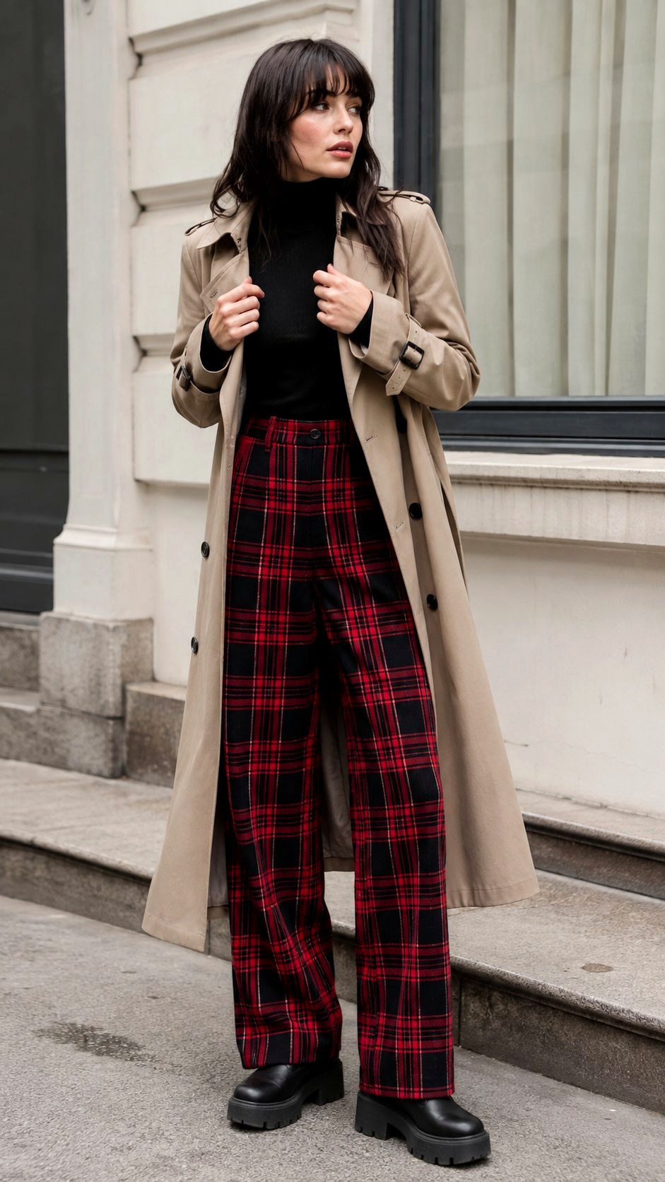 Tartan Print Pants with Trench - 23 printed pants style ideas