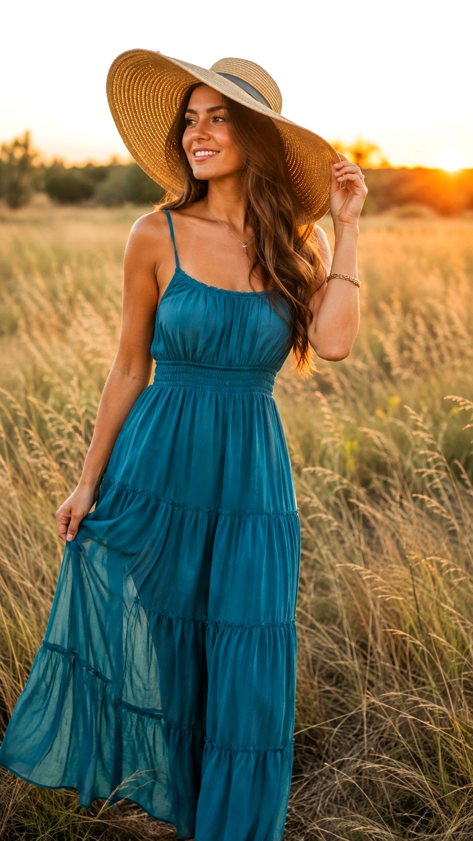 Teal Sundress with Straw Hat - 24 Teal Sundress Outfit Ideas