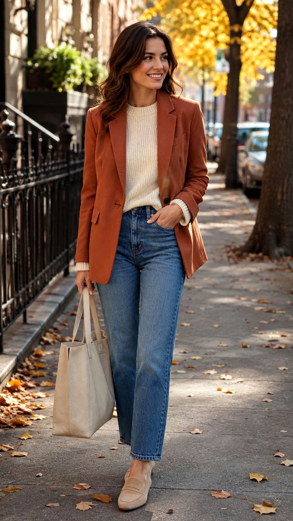 Terracotta Blazer With Cream Knit Sweater - 20 Terracotta & Cream Blazer Outfit Ideas