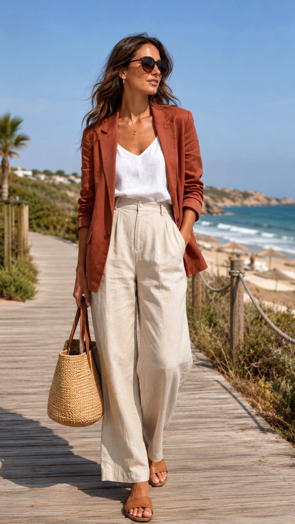 Terracotta Cream Blazer With Linen Trousers - 20 Terracotta & Cream Blazer Outfit Ideas