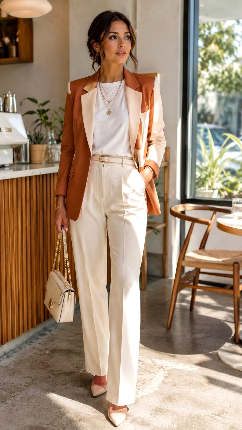 Terracotta Cream Blazer With White Tee - 20 Terracotta & Cream Blazer Outfit Ideas