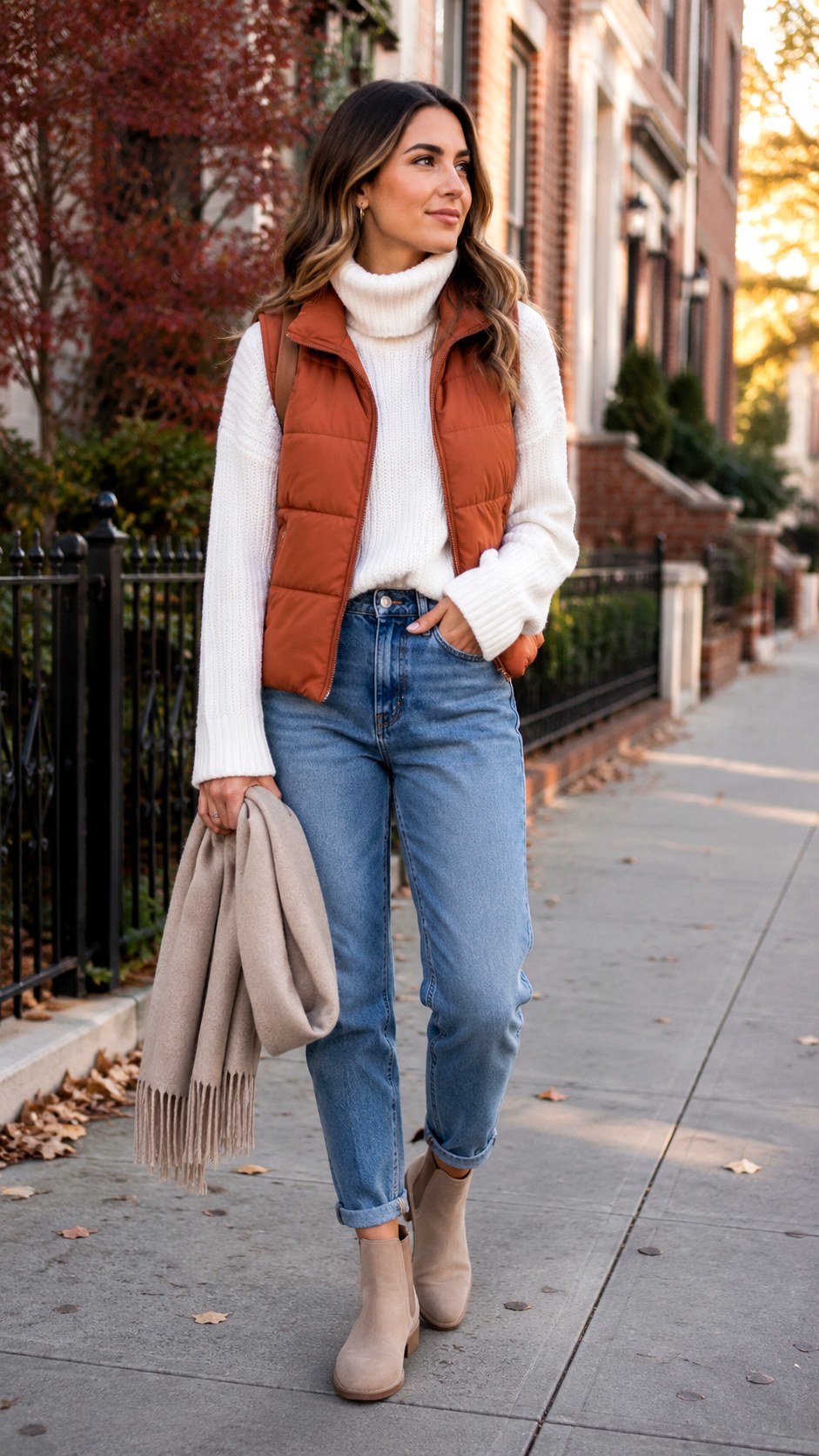 Terracotta Vest Over White Turtleneck - 21 Terracotta Vest Outfit Ideas