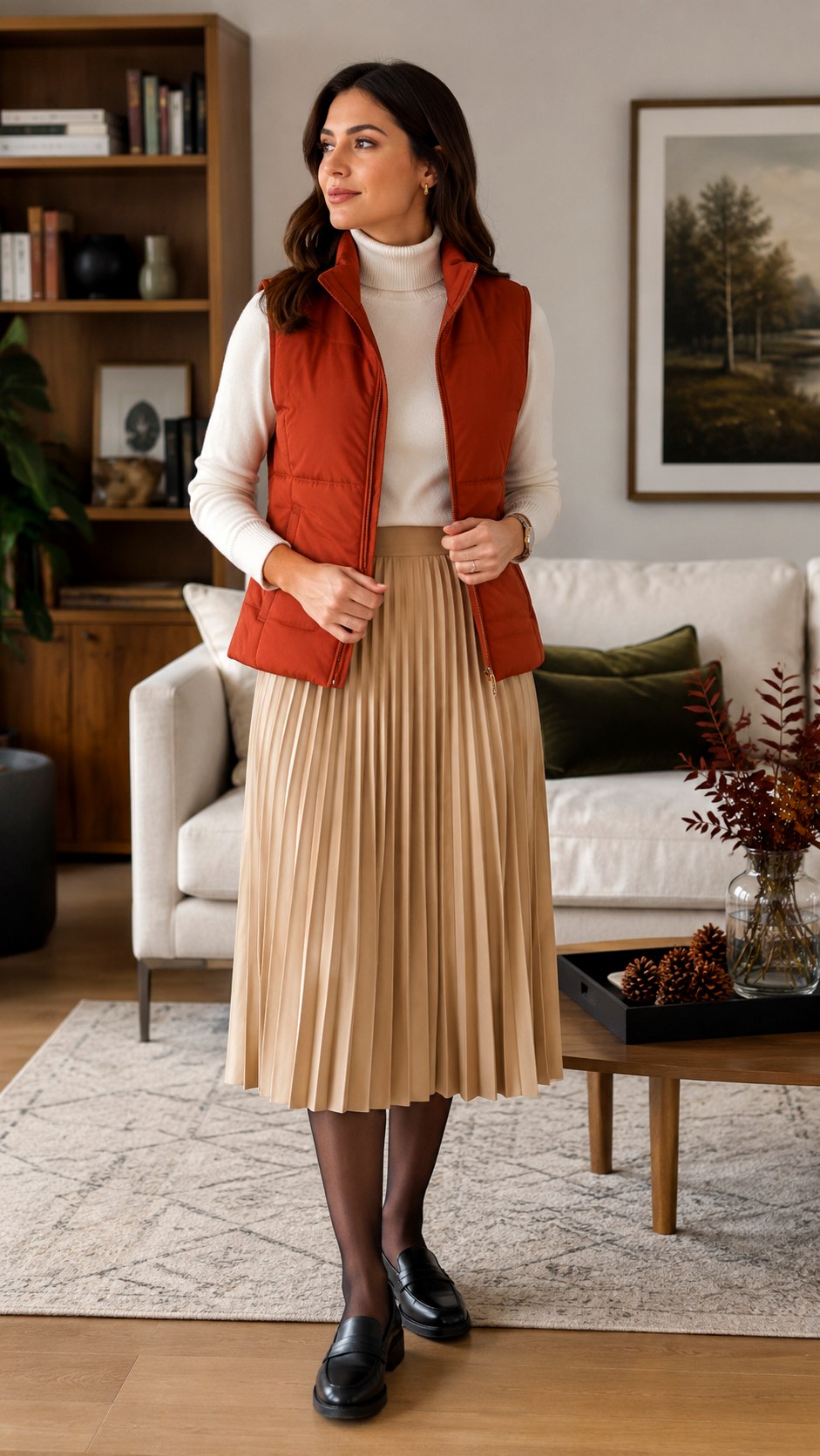 Terracotta Vest With Pleated Skirt - 21 Terracotta Vest Outfit Ideas