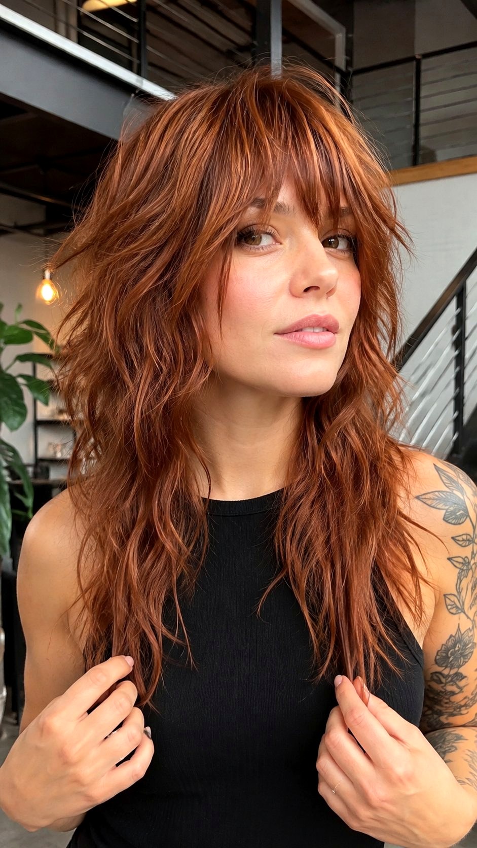 Textured Copper Wolf Cut with Bangs - 25 bangs copper ideas