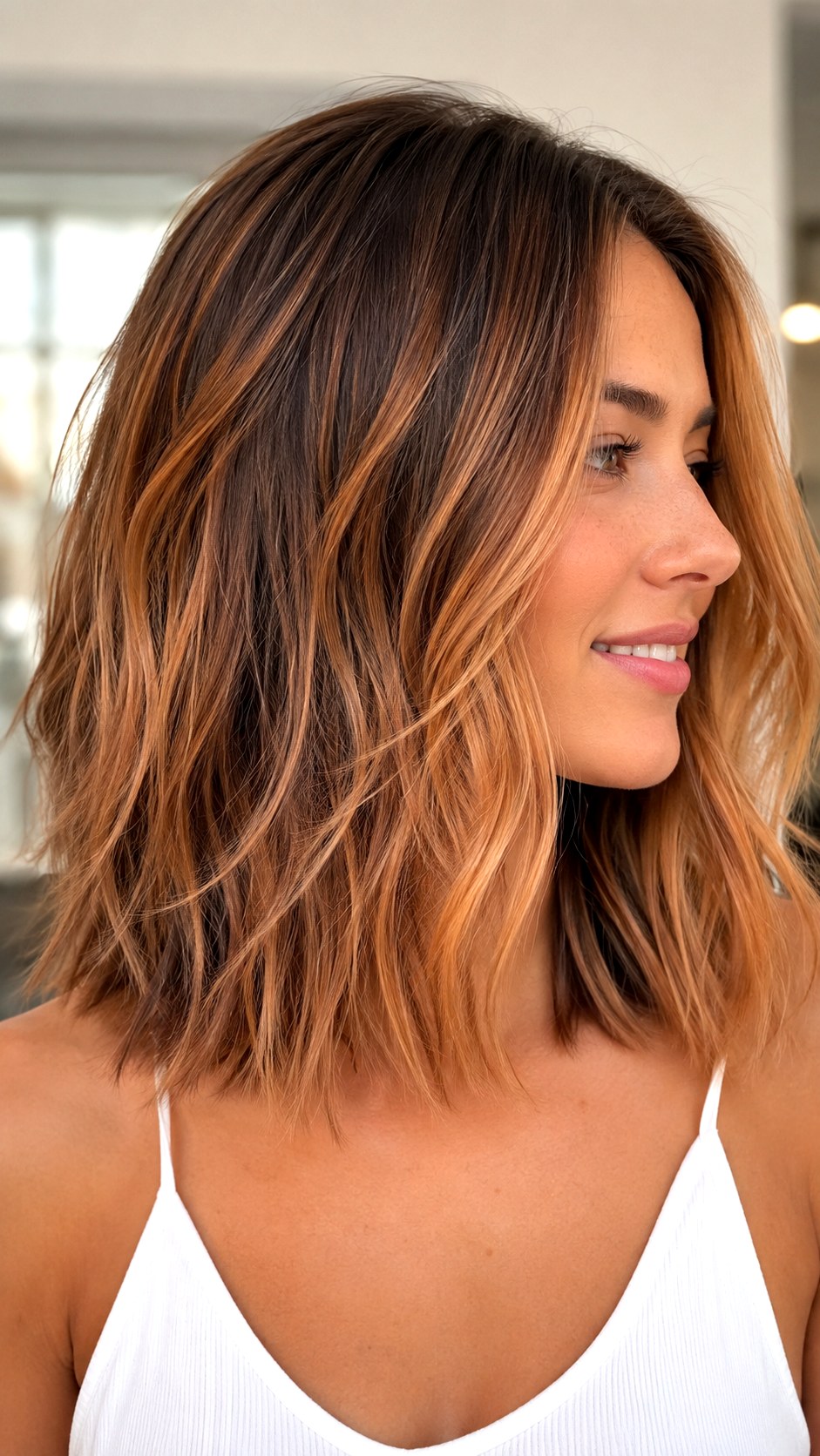 Textured Lob with Apricot Babylights - 25 Golden Apricot Hair Color Ideas