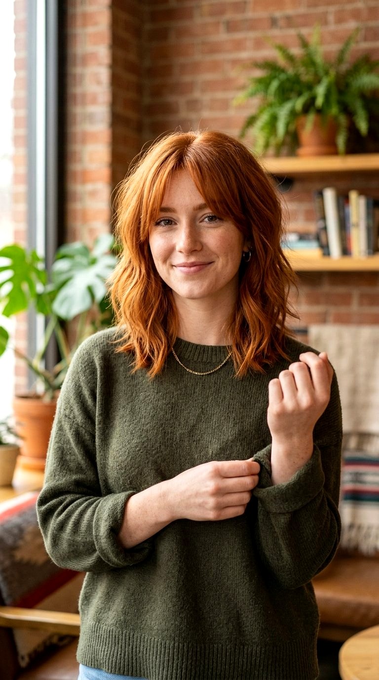 Textured Lob with Copper Curtain Bangs - 21 curtain bangs copper ideas
