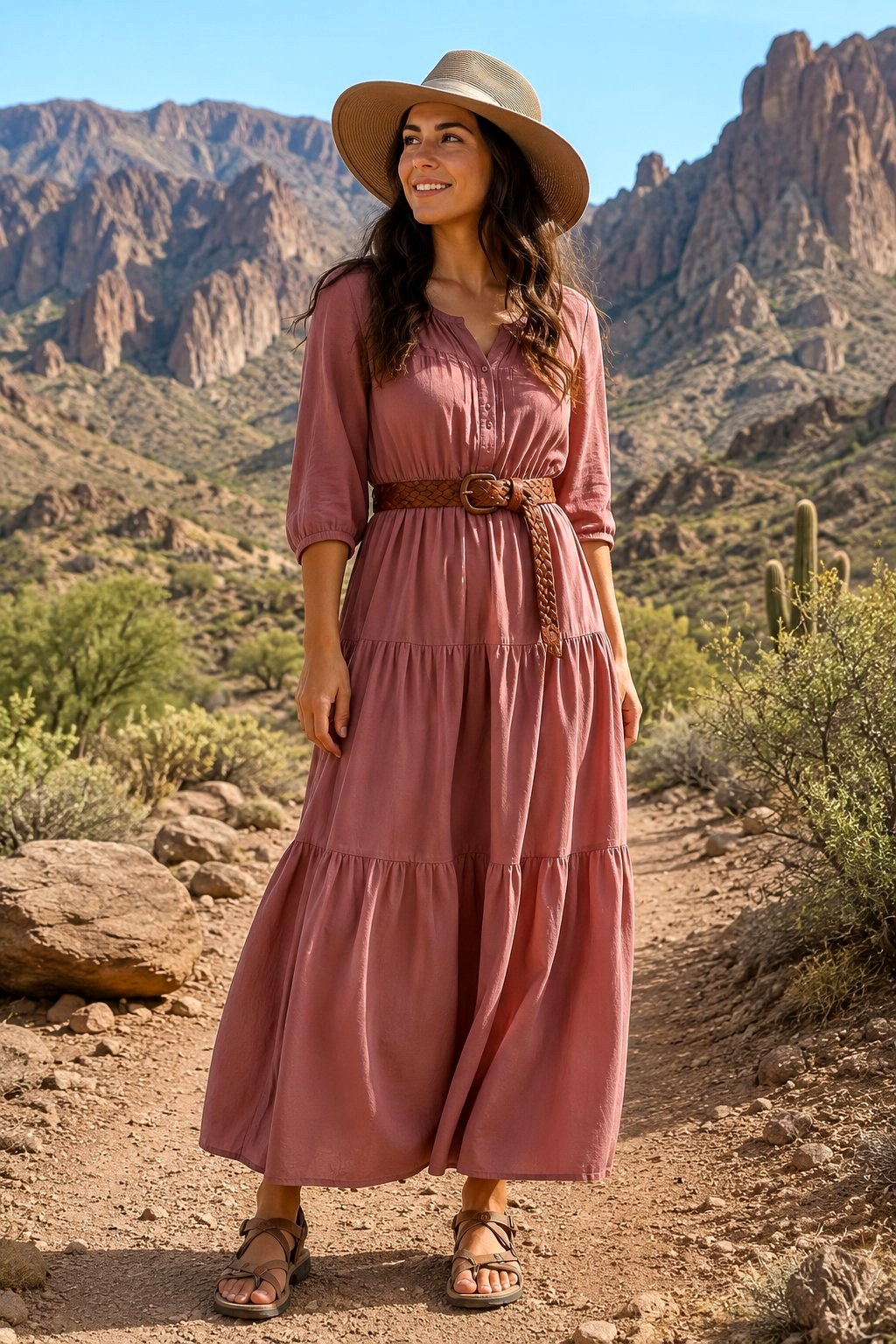 Tiered Maxi Dress With Woven Belt - 21 Cute Vacation Outfit Ideas