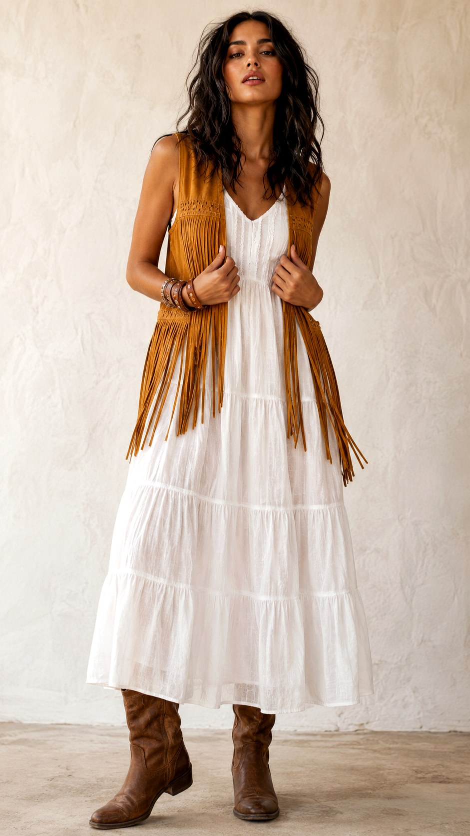 Tiered White Summer Dress With Suede Fringe - 22 white summer dress outfit ideas