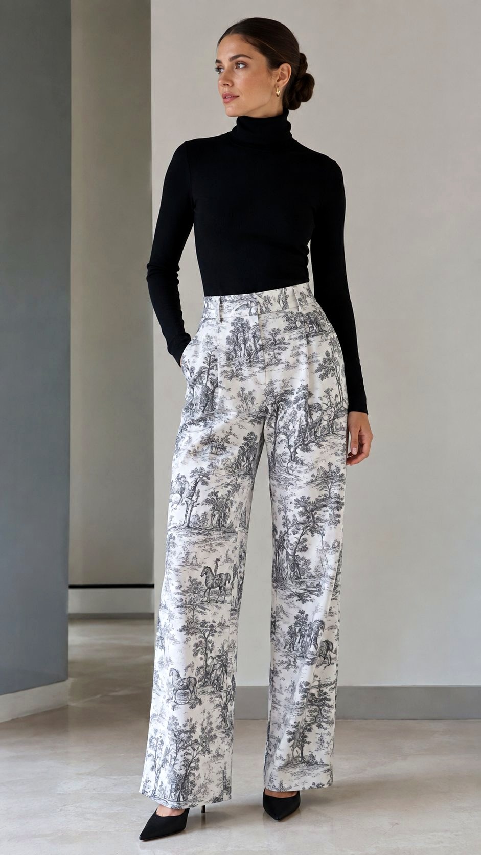 Toile Trousers With Black Turtleneck - 23 printed trousers outfit ideas