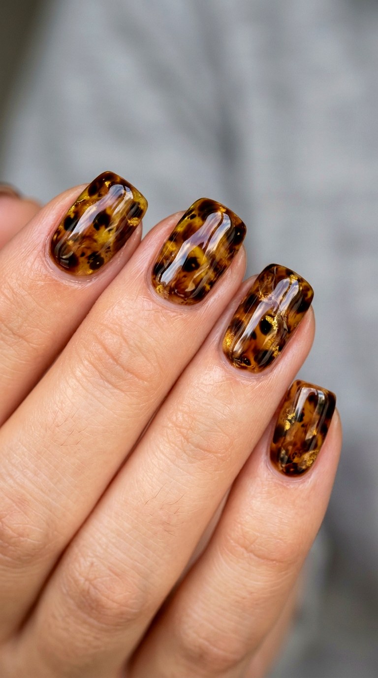 Tortoiseshell Inspired Amber Nails - 22 Glossy Amber Marble Nails