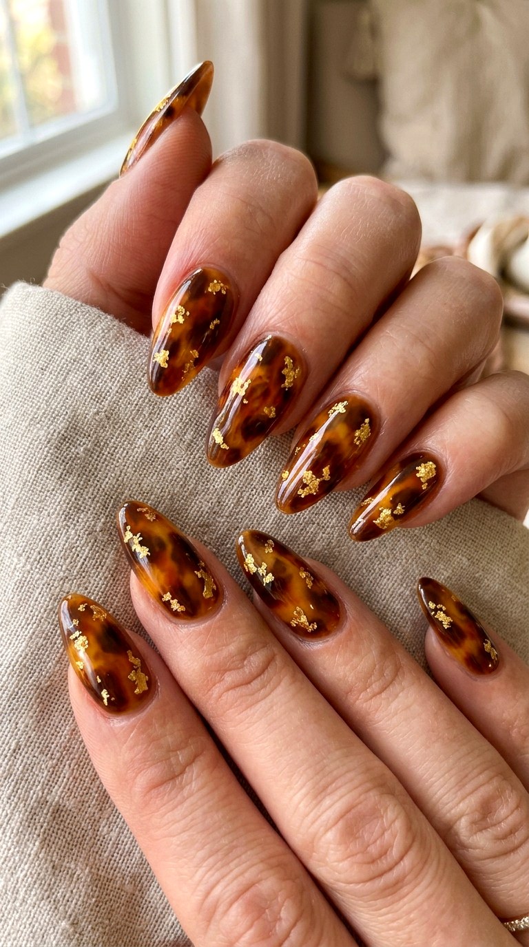 Tortoiseshell Pattern Mixed With Gold Flakes - 24 Summer Nail Design Inspo