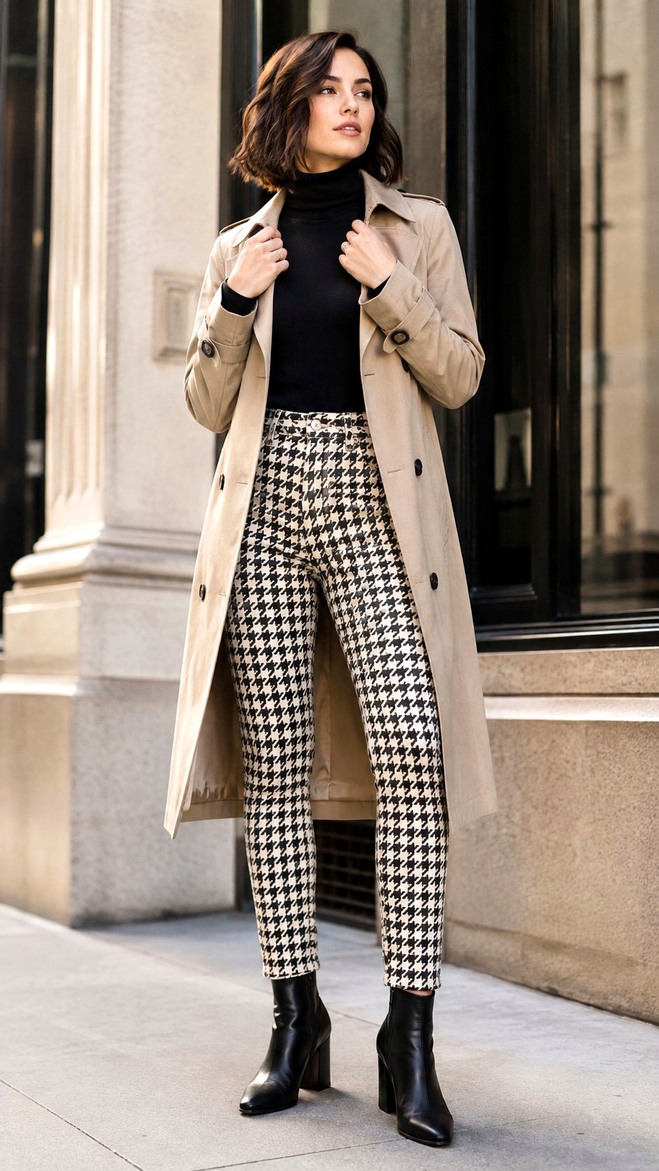 Trench Coat and Houndstooth Jeans - 20 printed jeans ideas