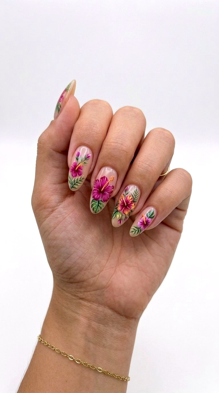 Tropical Floral Medium Almond Summer Nails - 20 Medium Almond Summer Nails