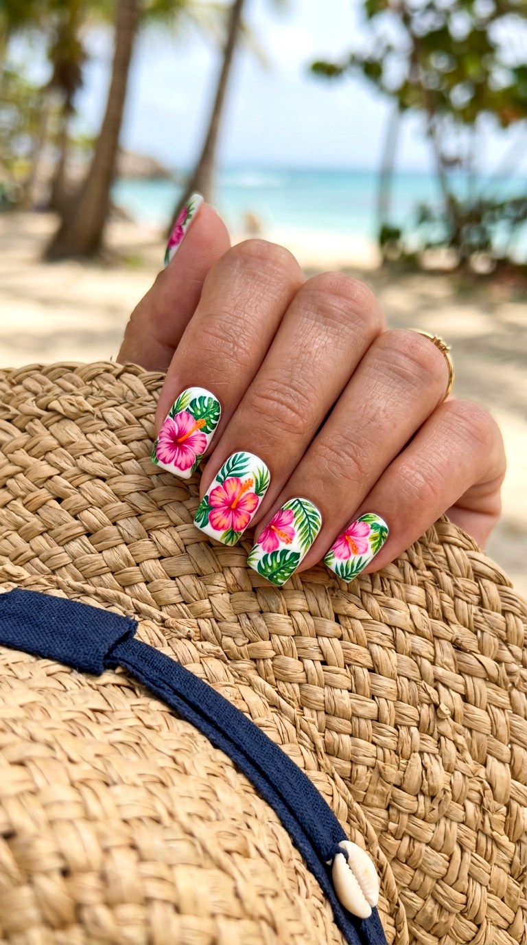 Tropical Floral Press On Aesthetics - 24 Summer Nail Design Trends