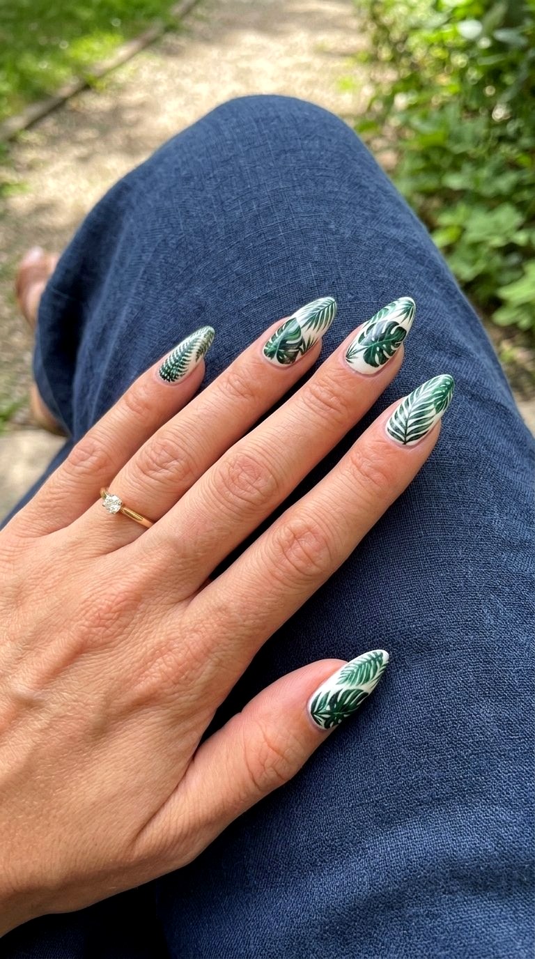 Tropical Leaf Medium Almond Summer Nails - 20 Medium Almond Summer Nails