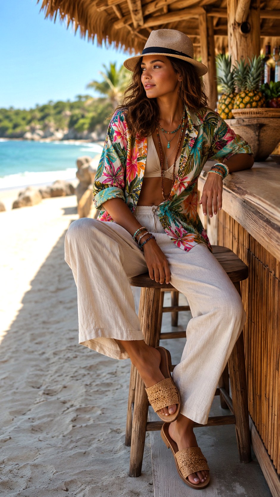 Tropical Print Button Up And Linen Pants - 23 Beach Outfit Ideas