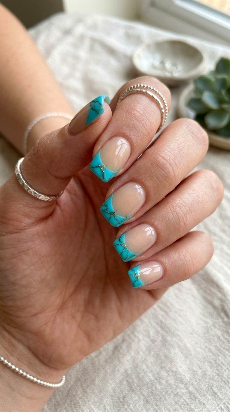 Turquoise French Tip Short Nails - 20 Summer Short Nail Designs