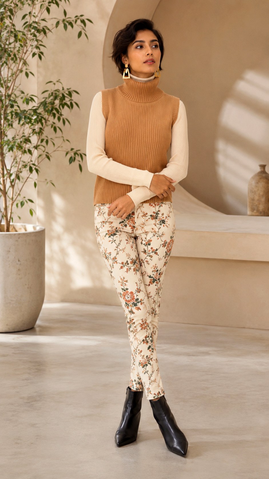 Turtleneck Layered Under Floral Denim - 21 flower jeans outifit ideas