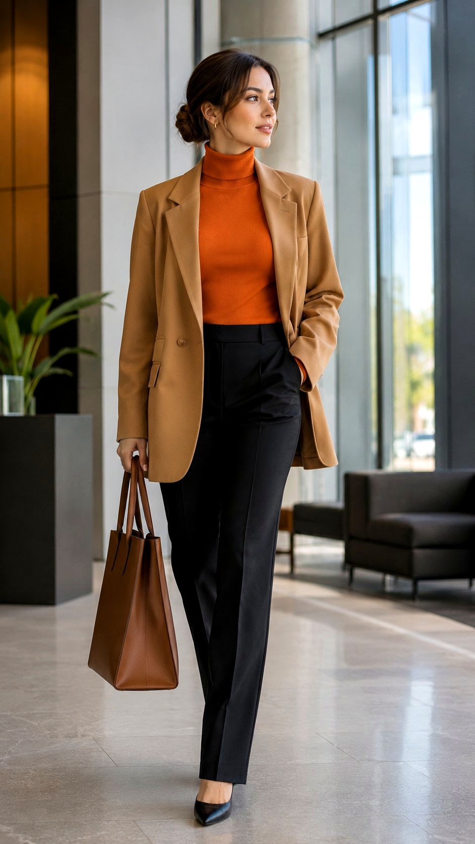 Turtleneck Orange Shirt under Neutral Blazer - 21 Orange Shirt Outfit Ideas