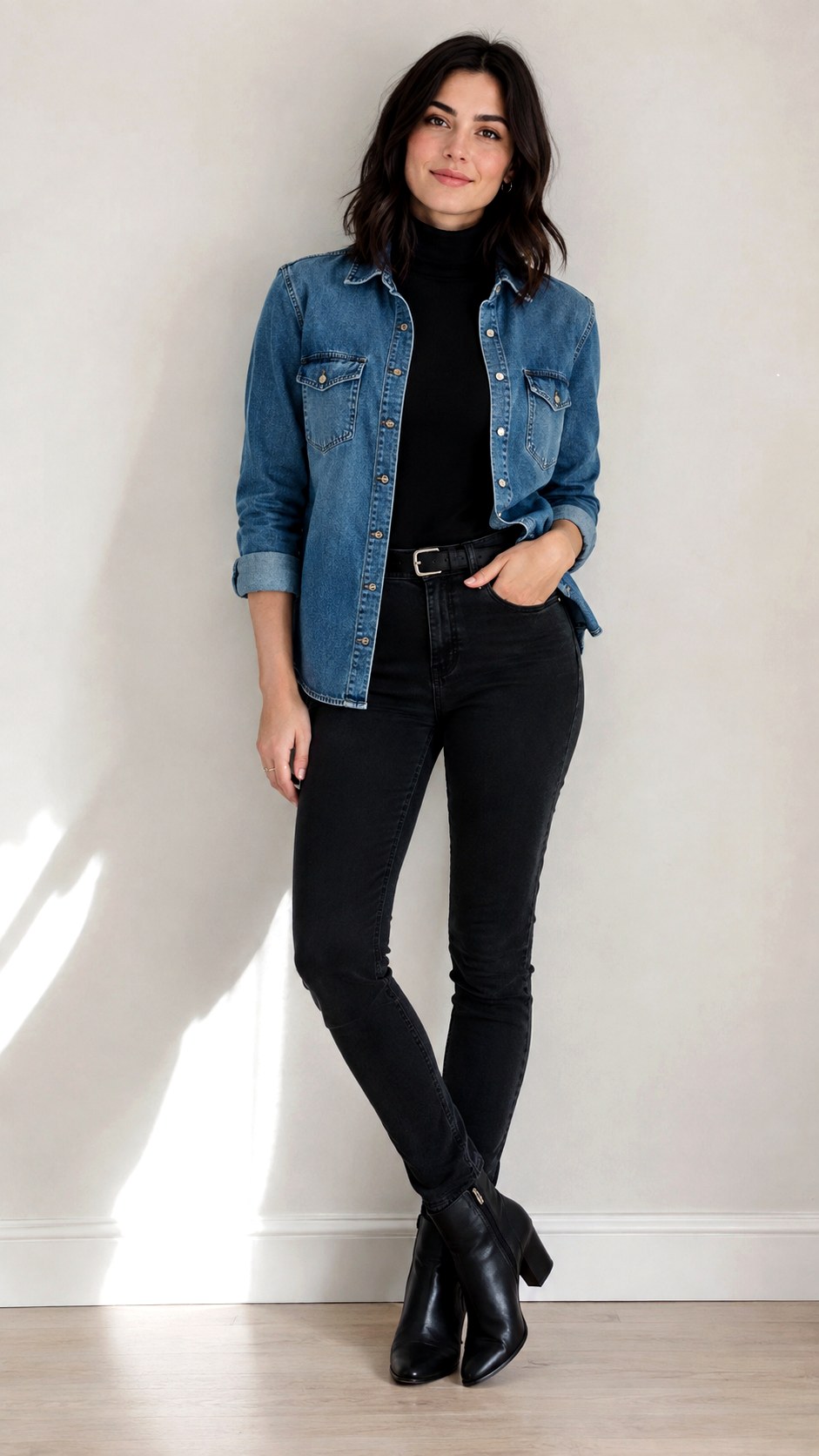 Turtleneck and Button Down Jeans - 21 sweater and jean outfit ideas