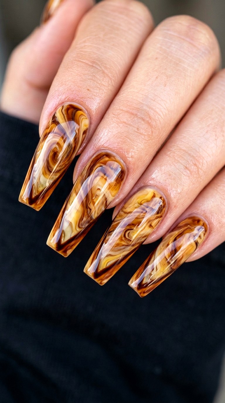 V Cut Amber Marble Extensions - 22 Glossy Amber Marble Nails
