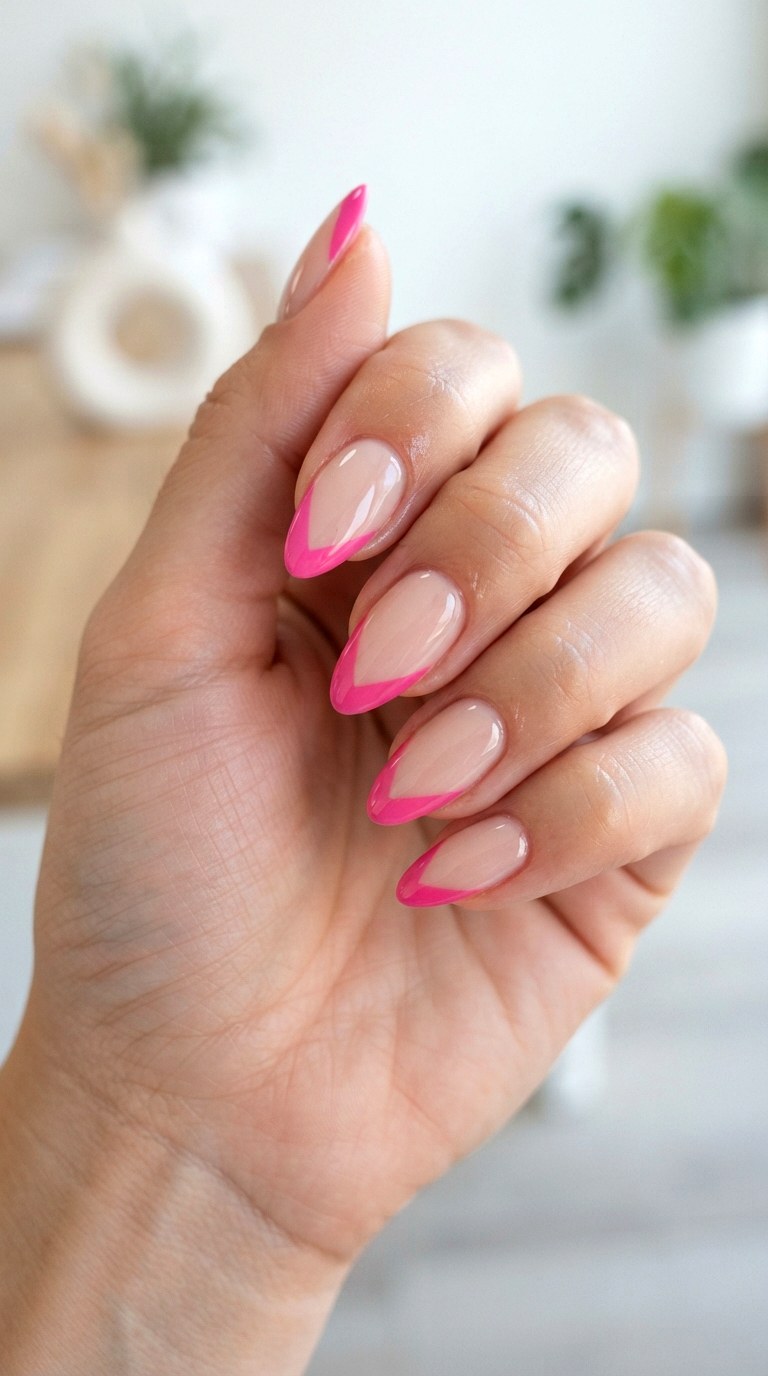 V Shaped Bright Pink French Nails - 22 bright pink french nails