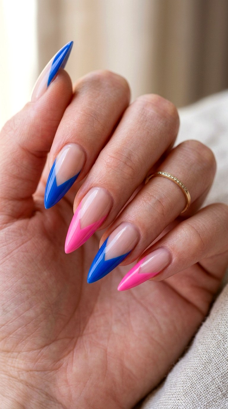 V Shaped Pink and Blue Tip Nails - 23 pink and blue french tip nails