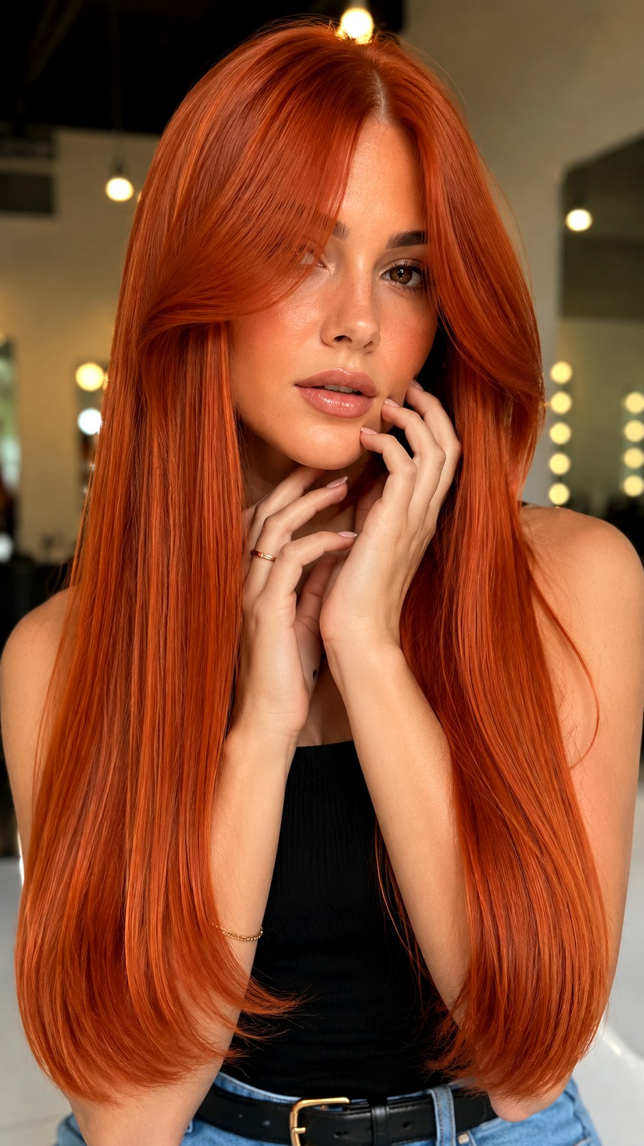 Vibrant Fireball Middle Part - 23 curtain bangs copper hair ideas