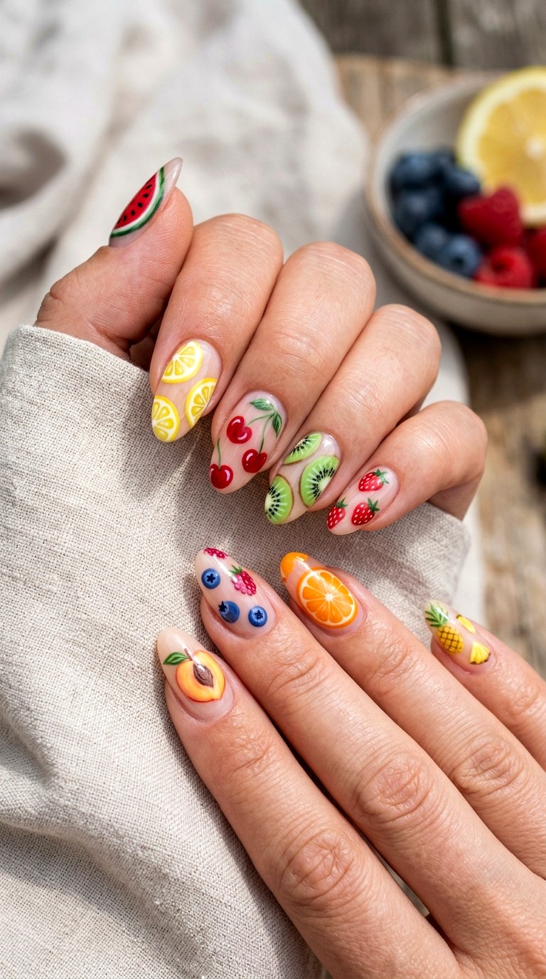 Vibrant Mismatched Fruit Pattern Nails - 24 Summer Nail Design Inspo