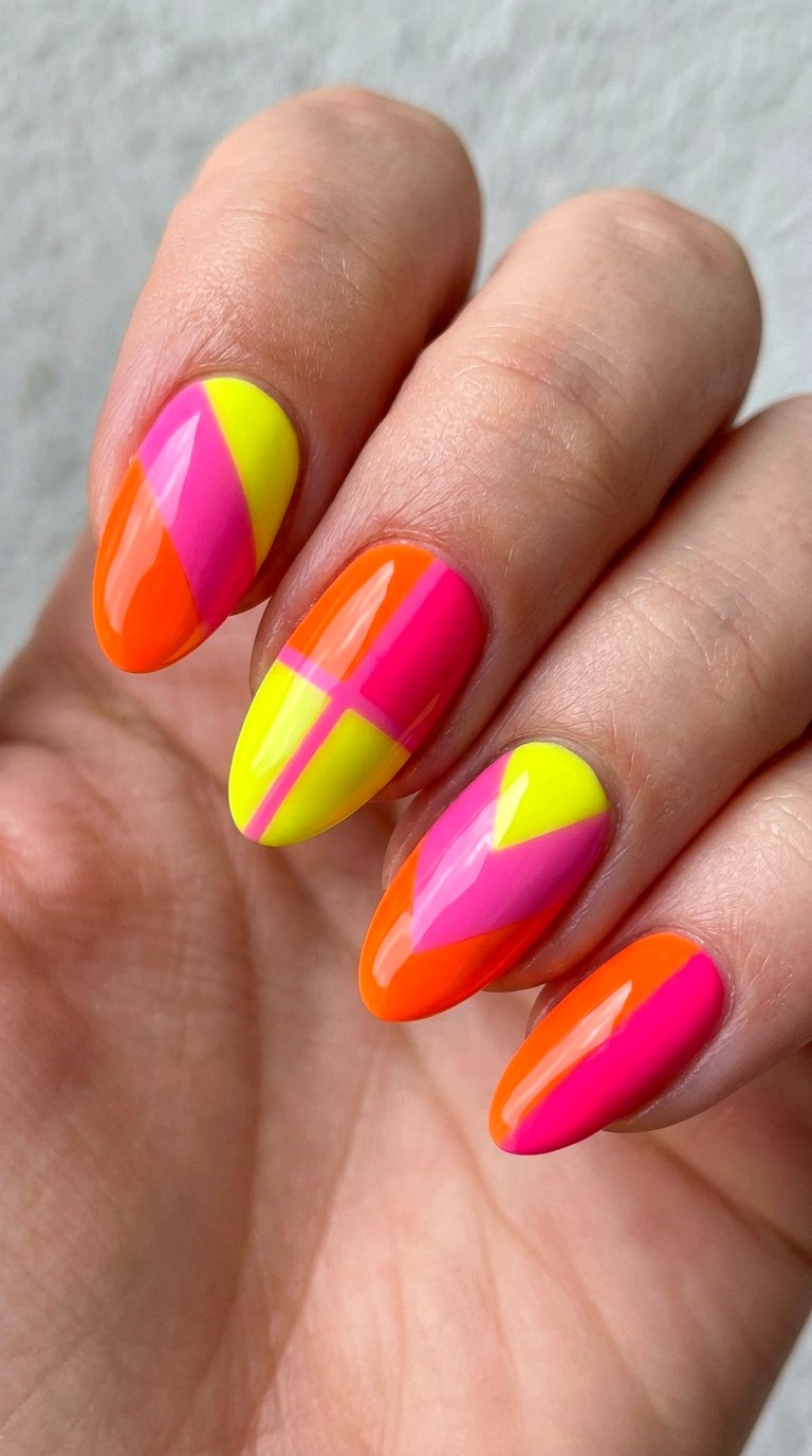 Vibrant Neon Color Block - 22 Simple Summer Nail Designs