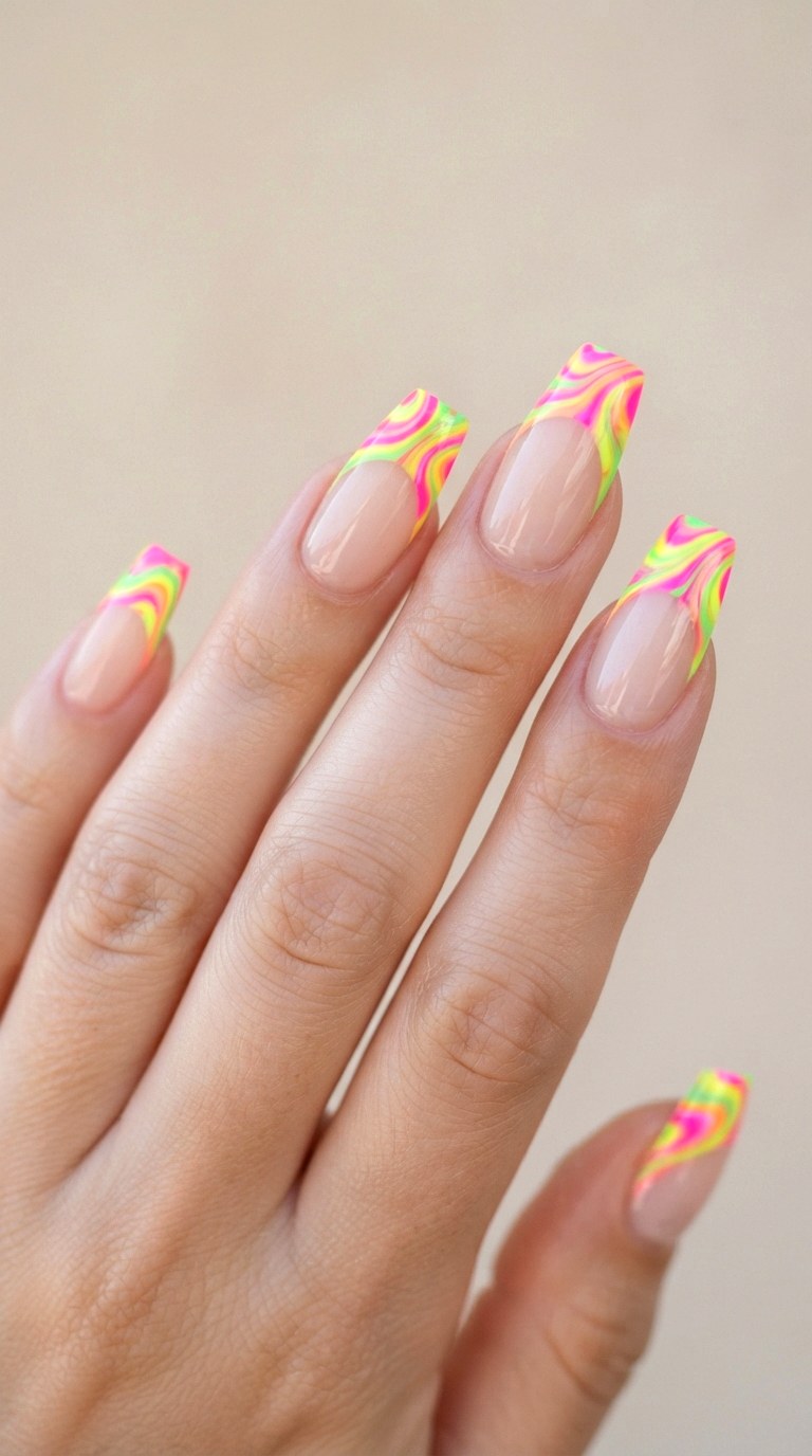 Vibrant Neon Swirl French Tips - 24 thick french tip nail art designs