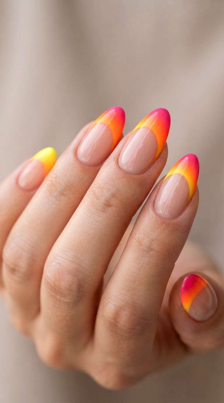 Vibrant Sunset Ombre French Tips - 24 thick french tip nail art designs