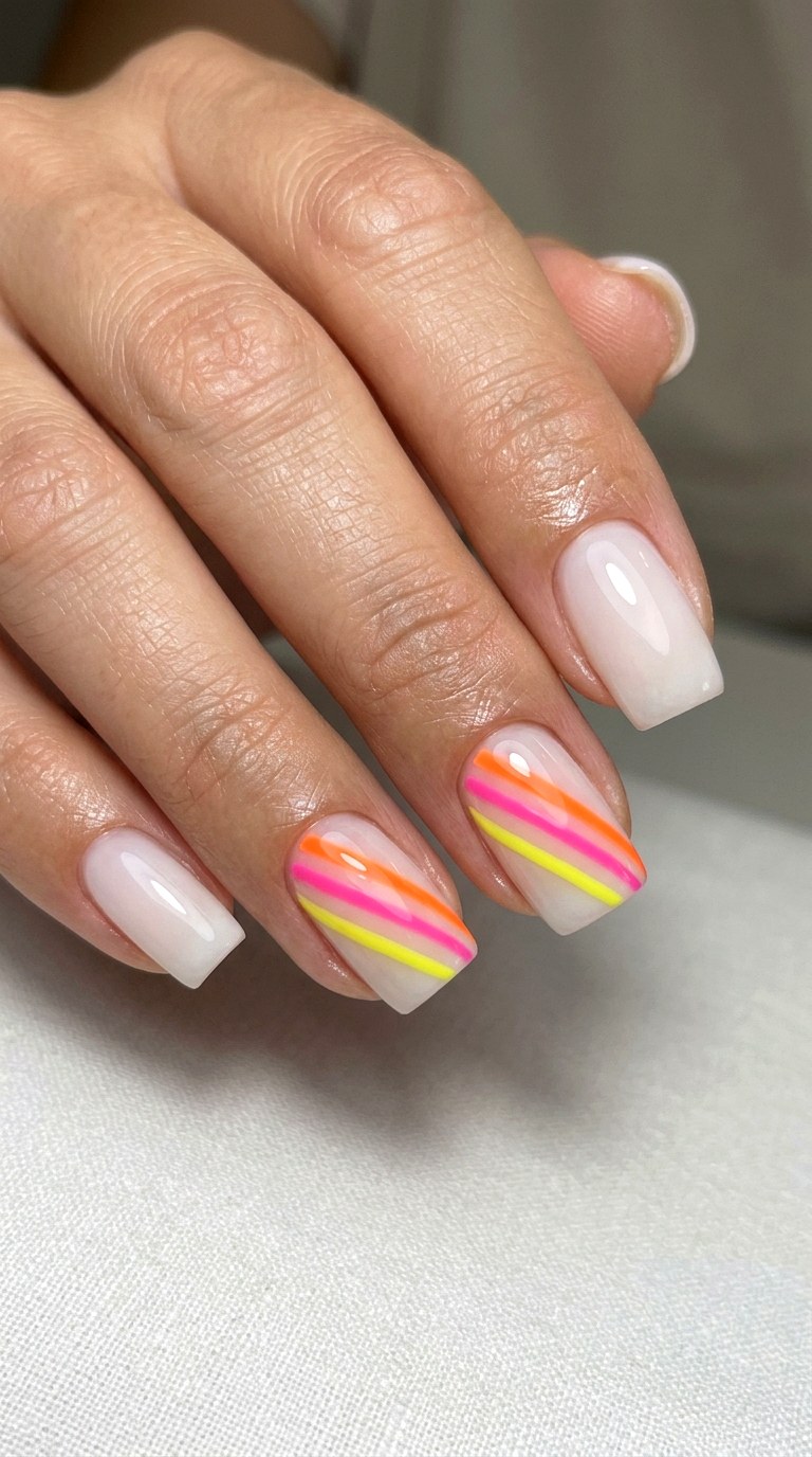 Vibrant Sunset Stripe Accent Lines - 22 Summer Nail Art Ideas