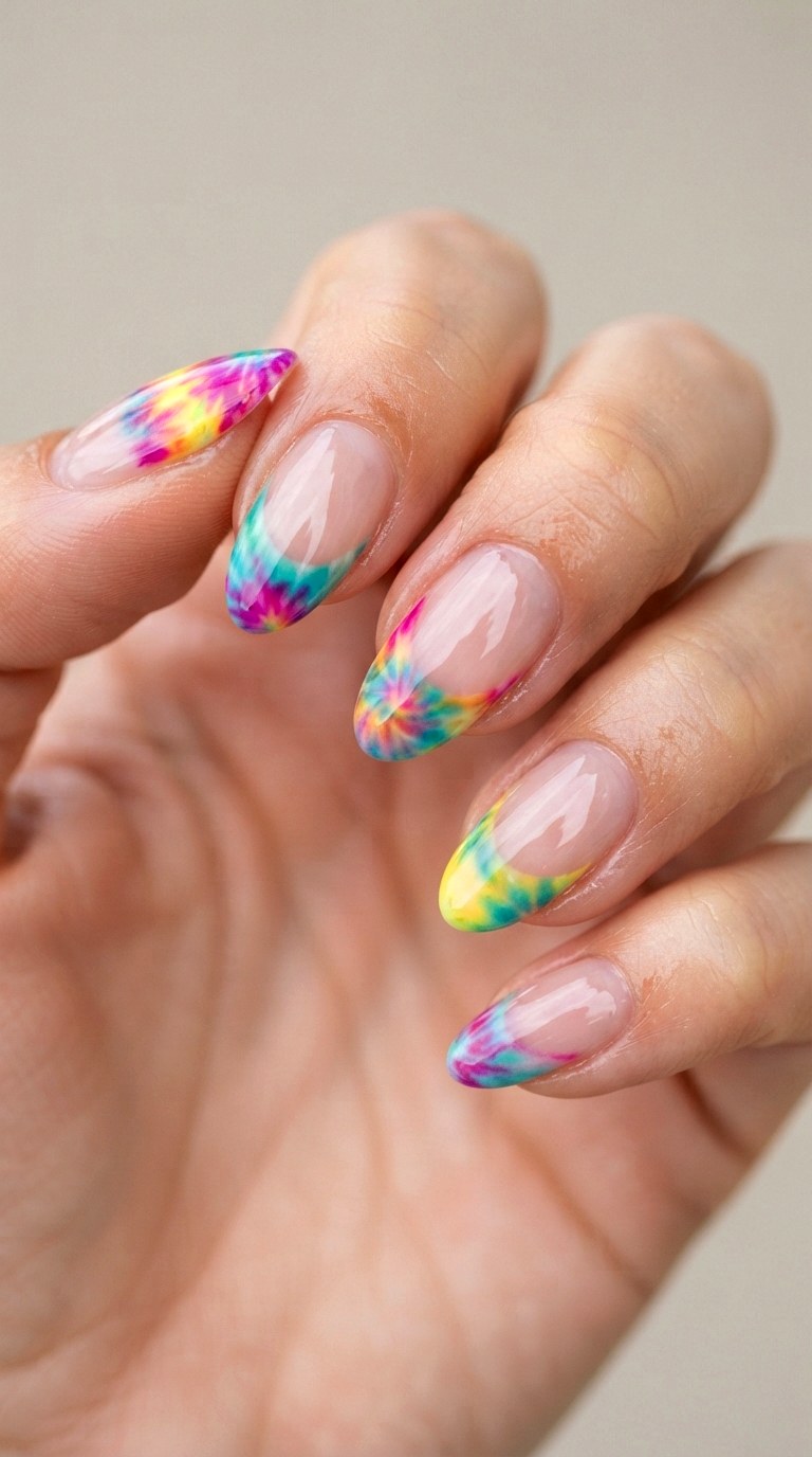 Vibrant Tie Dye French Tips - 21 cute french tip nail art ideas