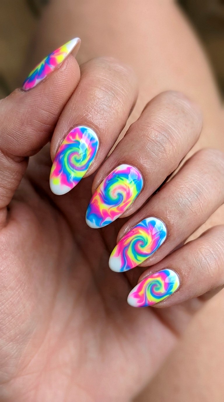 Vibrant Tie Dye Spiral Nails - 24 teen nail art ideas