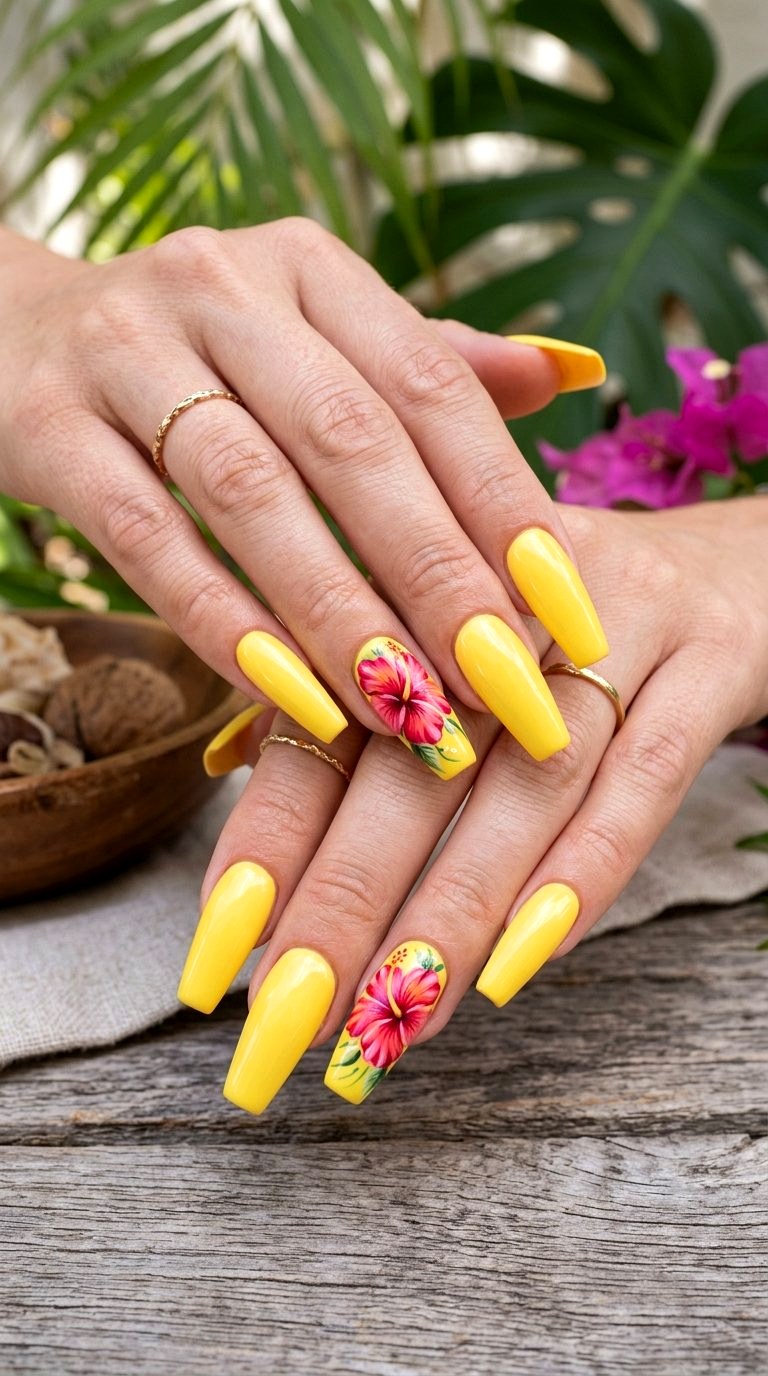 Vibrant Tropical Floral Accents - 21 Summer Nail Design Ideas