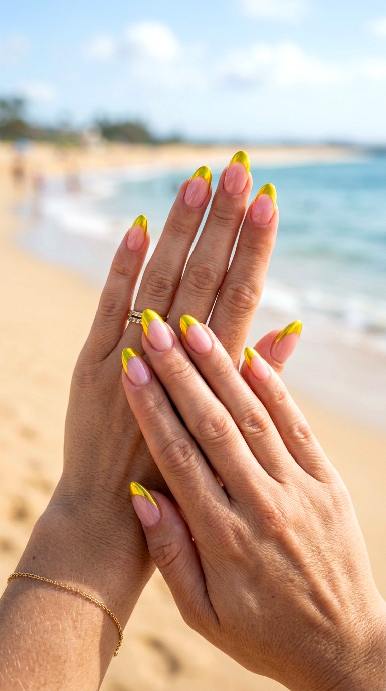 Vibrant Yellow Chrome Tips - 22 Simple Summer Nail Designs